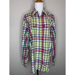 Martini Ranch Bright Plaid Whipstitch Snap Front Shirt Sz Medium
